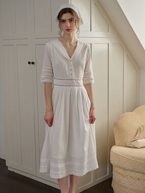 Simple Retro Prairie Cottagecore Lace Trim Fiona Cotton Midi Dress